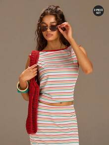 Athîral Women's Striped Boat Neck T-Shirt And Mini Skirt Casual 2 Pieces Set, Summer Wear For Women,Resort Wear - Multicolor - View 4