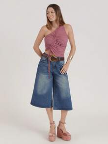 CielaLinda Women Knit One Shoulder Ruched Top - Rose Red - View 5