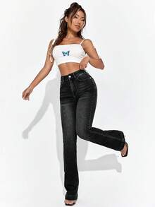 Selenza Casual Washed High Waist Flare Leg Jeans - Black - View 3