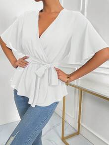 EMERY ROSE Solid Wrap Belted V-Neck Blouse Peplum Top - White - View 1