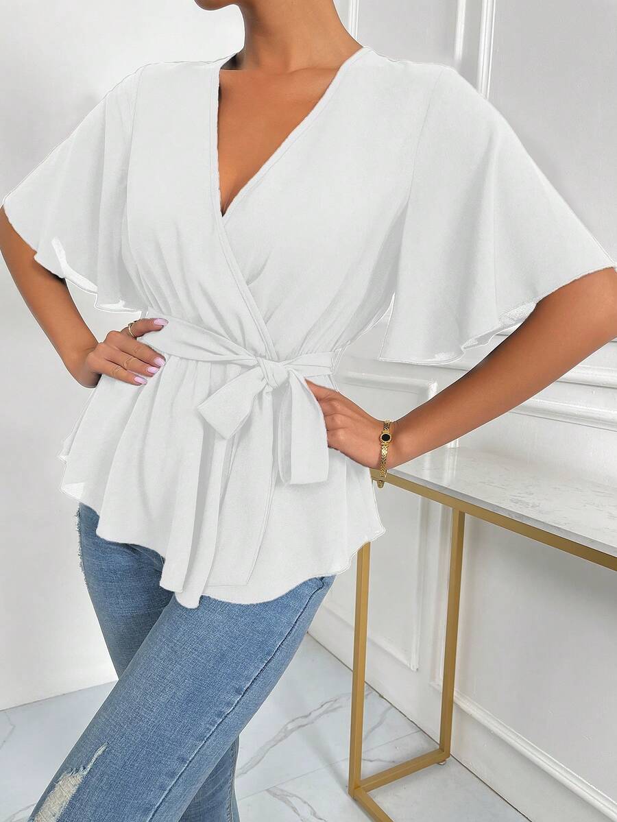 EMERY ROSE Solid Wrap Belted V-Neck Blouse Peplum Top - White - View 1