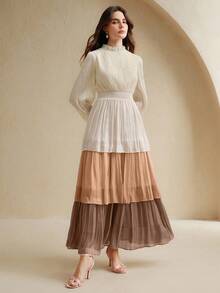 Anewsta Women's Contrast Color Faux Pearl Decor Stand Collar Long Sleeve Ruffle Hem Elegant Mid-Length Dress - Brown - View 4
