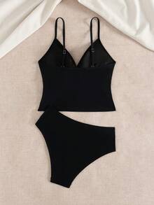 SHEIN Swim Chicsea 女士两件套纯色修身金色缎带可调节肩带高腰裤度假休闲派对比基尼套装 - 黑色 - 查看 3