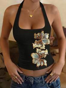 Glimmora Women's Floral Sequin Fashion Halter Neck Camisole - Black - View 1