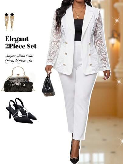 Fleurora 大码女式蕾丝翻领长袖外套和裤子休闲通勤套装