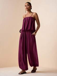 Zivah 2026春夏新款音乐节、复活节、圣帕特里克节、情人节、约会、西部风、游牧风、生日派对、毕业典礼、大学、学生、日常休闲、基础款、休闲、度假、邮轮、海滩、日光浴、热门款、街头风、婚礼宾客、通勤、早午餐、机场、派对、假日郊游、办公装、荷叶边吊带上衣和带口袋的阔腿裤，雪纺棕色两件套 - 紫色 - 查看 3