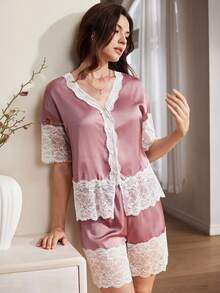 Moireta Women's Contrast Color Lace Patchwork Pajama Set (Top And Shorts) - Dusty Pink - View 5