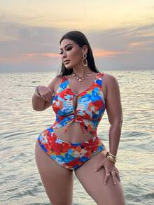 Slaydiva Plus Size Women Floral Print Twist Ruched One-Piece Swimsuit, Suitable For Beach Vacation, Pool Party, Beach Party - Multicolor - View 1