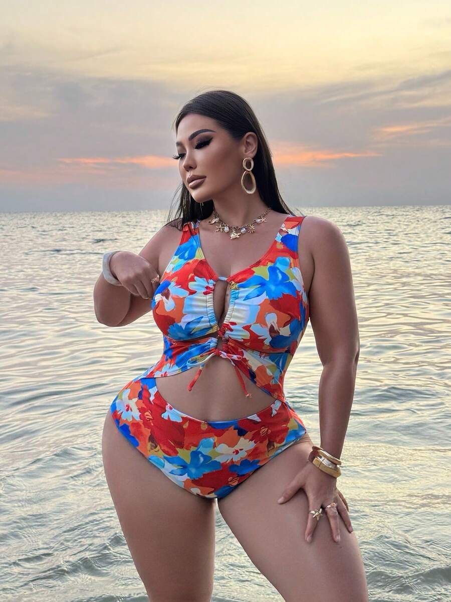 Slaydiva Plus Size Women Floral Print Twist Ruched One-Piece Swimsuit, Suitable For Beach Vacation, Pool Party, Beach Party - Multicolor - View 1