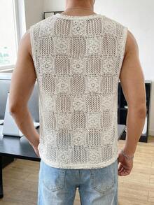 SWAVVY Men's Casual Floral Hollow Design Round Neck Tank Top - Apricot - View 5