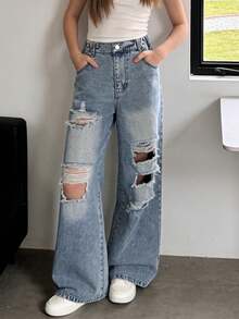 Jeans style de rue pour adolescentes, coupe droite ample, couleur bleu clair en denim, design déchiré et délavé, tissu doux et confortable, convient pour l'école, les déplacements et les sorties décontractées, toutes saisons - Jean clair - Voir 3
