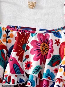 女童荷叶边下摆水果植物印花拼接吊带度假连衣裙 - 彩色 - 查看 6