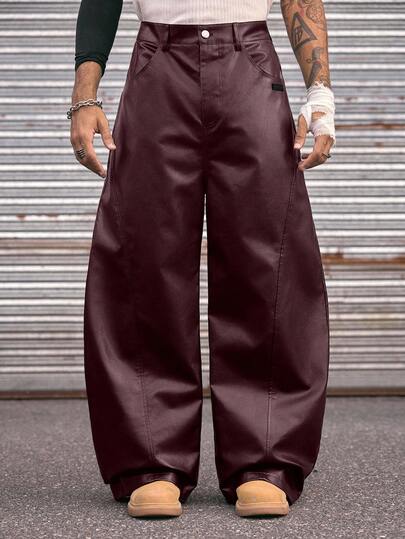 AXEPEAK Men's Casual Fashion Street Style PU Leather Loose Flared Wide Leg Pants