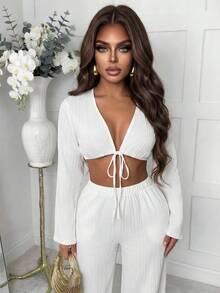 Slaydiva New Early Spring, Spring And Summer Music Festival, Valentine's Day, Easter, Bohemian Style, Nomadic Style, Casual, Simple And Basic, Cruise Party, Birthday Party, Daily Date, Casual Vacation, Elegant Commuting, V-Neck, Shoulder Sleeve, Long Sleeve, Hem, Tie, Ultra-Short Top + Wide-Leg Pants, Pocket Pants, Elastic Waist, White Suit, Women's Two Pieces Set -A - White - View 4