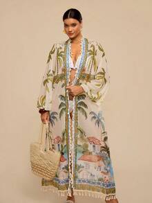 Travachic 热带度假风复古椰树小镇印花罩衫，长款花卉流苏下摆轻盈和服式罩衫，宽松显瘦沙滩罩衫，女士夏季 - 綠色 - 查看 5