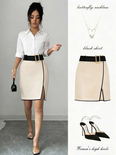 Elenzga Women's Contrast Color Belt Design Side Slit Casual Skirt