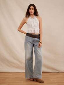 Easelle 波西米亚风褶皱蕾丝透视性感浪漫露背吊带上衣 - 白色 - 查看 3