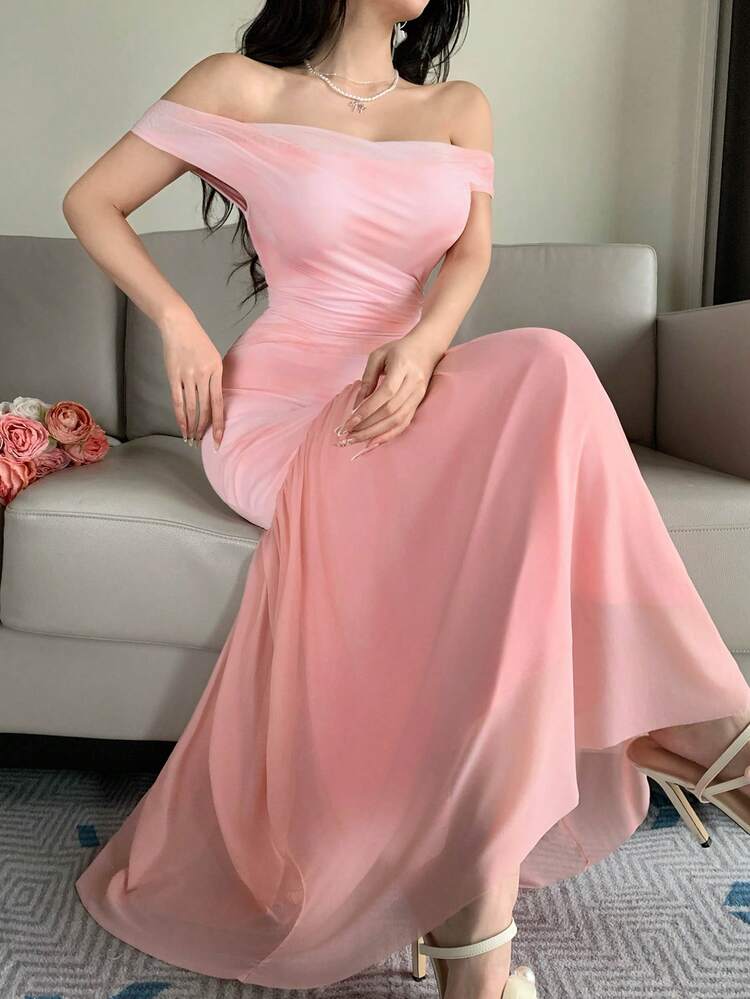 Women's Elegant Patchwork Off-Shoulder Mid-Length Dress, Summer Dress Sundress