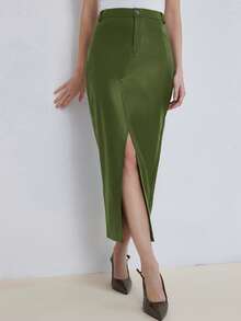 Aveloria Modichic Women's Solid Color Pocket Button Slit Design Casual Versatile Date Outing Skirt - Army Green - View 3