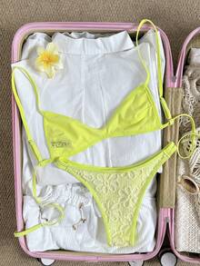 Swim Vcay Conjunto de traje de baño de top con tirantes ajustables y shorts de mujer de punto jacquard para primavera/verano, ideal para vacaciones en la playa - Amarillo - Ver 2