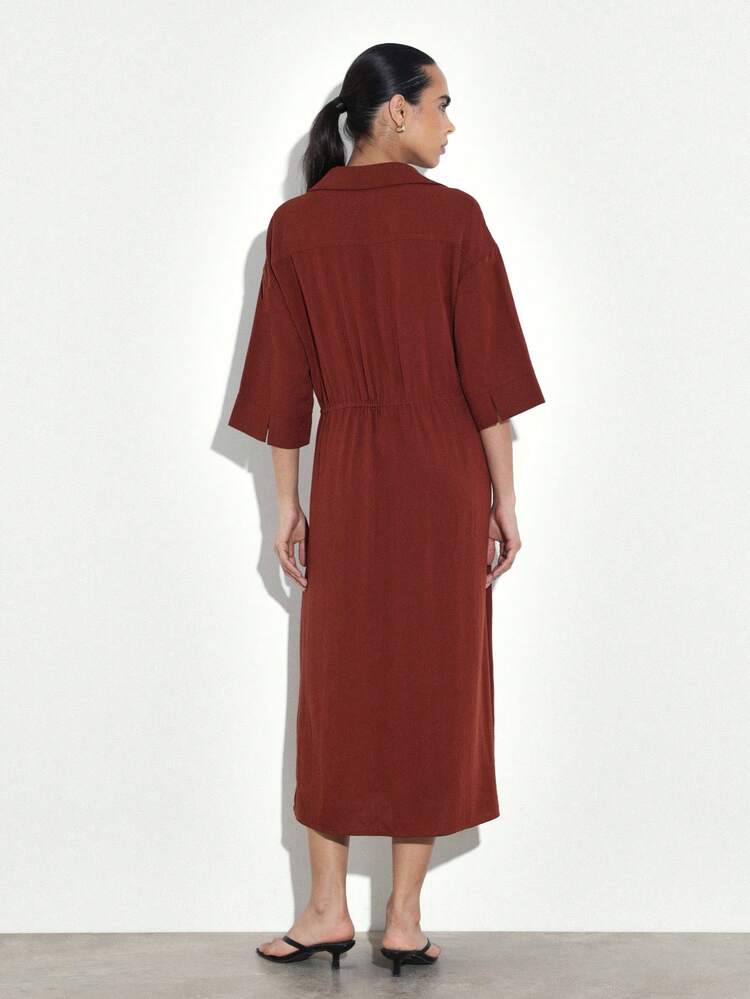 KSTM Rust Orange Button Front Collared Midi Shirt Dress With Three Quarter Sleeves And Drawstring Waist Detail For Casual Day Wear