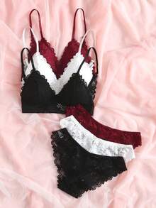Lowkey Lull 3sets Floral Lace Bra & Panty Lingerie Set - Multicolor - View 3