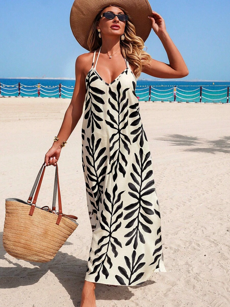 Swim Lushoire 女士春夏沙滩度假比基尼罩衫，树叶印花细肩带露背串珠连衣裙罩衫 - 杏色 - 查看 1