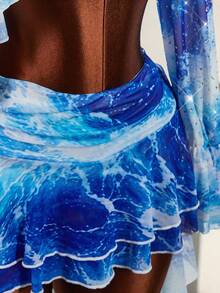 Amplova Women's Fashion Sexy Tie-Dye Print Rhinestone Asymmetric Super Short Halter Top & Mini Skirt 3-Piece Set - Blue - View 11