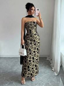Elenzga Đầm nữ thanh lịch, lãng mạn màu hồng và vàng họa tiết hoa jacquard, không dây vai, thắt eo, dáng suông, có dây buộc cổ, thích hợp cho hẹn hò, mua sắm, lễ hội âm nhạc và nhiều dịp khác, đầm nữ xuân/hè, đầm mới nhất, đầm nữ dự tiệc, đầm nữ ấn tượng. - màu đen - Xem 6
