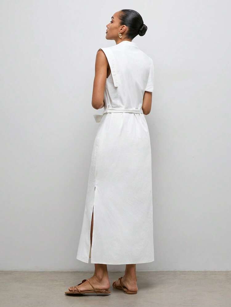 SHEIN Maija Women's Solid Color Sleeveless V-Neck Front Button Simple Long Dress, Fashionable For Summer St Patrick's Day Women Easter Summer Outfits Easter Dress Women Party Top Beach Dress Summer Holiday Outfits Each Vacation Outfits For Women Summer Outfit For Women Going Out Outfits Graduation Graduation Outfit Casual Dresses Casual Blouses For Women,Summer Dresses For Women
