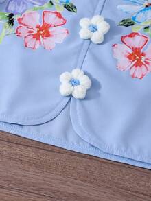 SHEIN 2pcs/Set Girls' Elegant Vacation Style Shirt & Skirt Set, Solid Color Puff Sleeve V-Neck Shirt And Short Skirt Set, Floral Print Pattern With Flower Design, Suitable For Spring/Summer Vacation, Travel, Beach - Baby Blue - View 6
