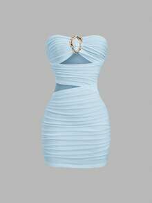 Sweetra Vestido mini ajustado y sexy sin tirantes con hebilla de metal para mujer - Azul - Ver 5