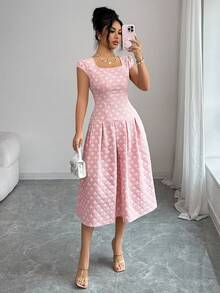 Elenzga 女士方领提花短袖优雅连衣裙 - 粉色 - 查看 1