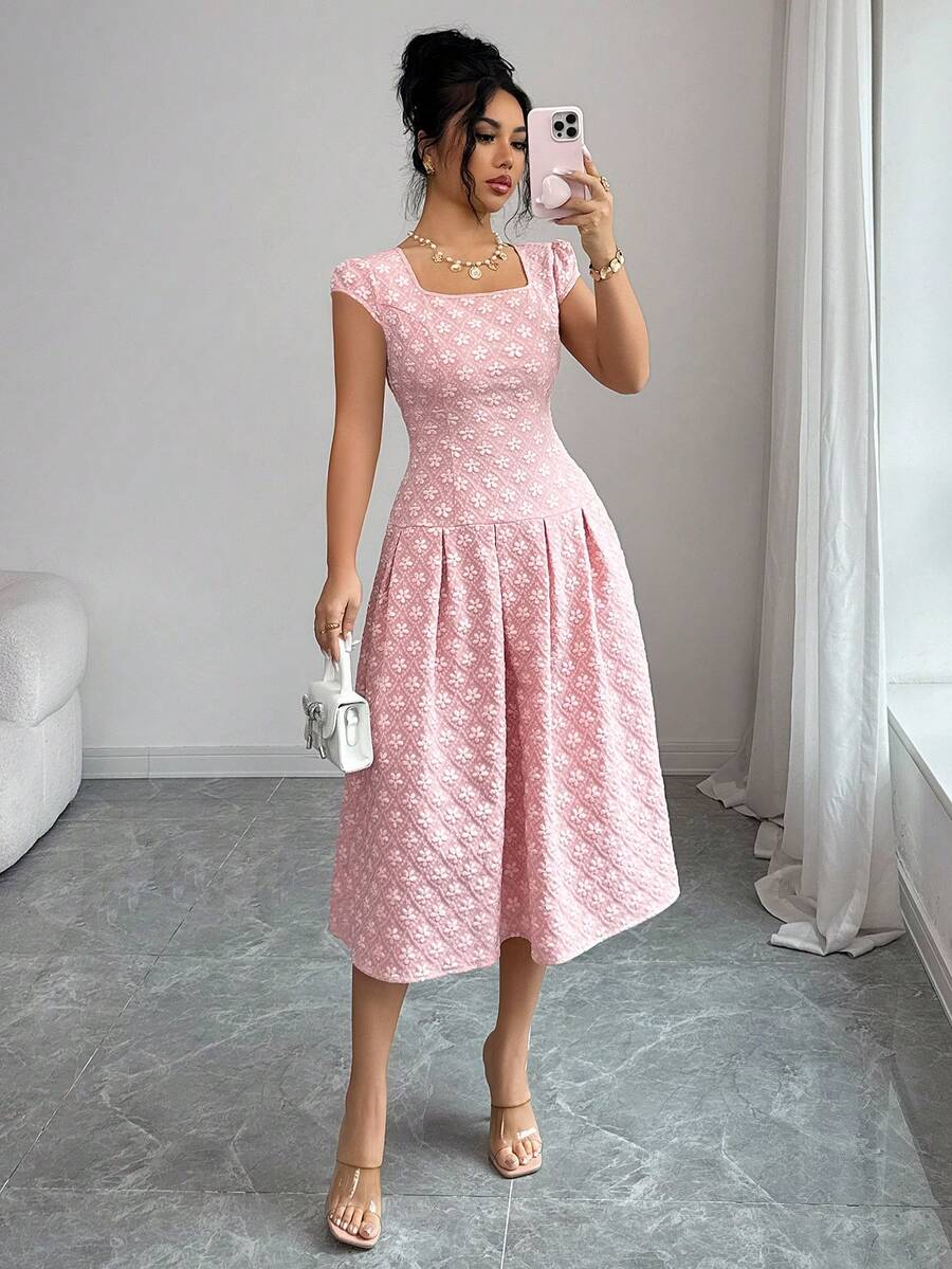 Elenzga 女士方领提花短袖优雅连衣裙 - 粉色 - 查看 1