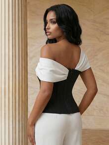 Anewsta New Women's Black Bow Elegant Party Shoulder Top, Black & White Ladies Clothing - Black - View 2