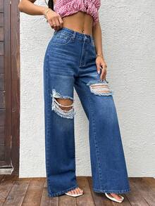 SHEIN PETITE 女士休闲水洗做旧直筒牛仔裤 - 深色水洗藍 - 查看 3