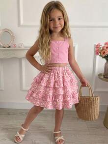 Emery Rose Kids 两件套少女纯色编织休闲背心和碎花裙套装 - 粉色 - 查看 6