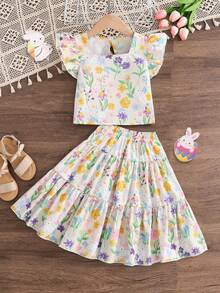 Vestido de dos piezas con estampado de flores y conejos, de manga corta, con un estilo pastoril de primavera y verano para niñas pequeñas. La tela es suave y cómoda, adecuada para diversas ocasiones como salidas de fin de semana, fotografía al aire libre, actividades escolares, reuniones y vacaciones. - Albaricoque - Ver 4