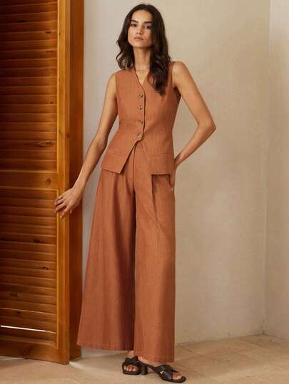 Aveloria Rosie Minimalist Commuting Daily Casual High-End Design Dual-Color Imitation Linen Bamboo Knot Fabric V-Neck Single-Breasted Collarless Vest Paired With Loose Wide-Leg Suit Pants Women's Suit Set