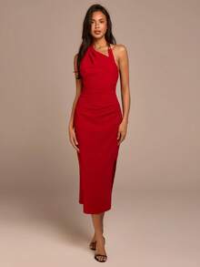 COSMINA Women's Elegant Metal Buckle Neck Long Dress, Versatile For Commuting, Office, Spring Date, All-Match - Red - View 3