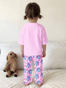 SHEIN Kawaii Pink Cute Cartoon Blue Rabbit Stitch Heart Pattern, Ballet Style, Baby Girls Loose Fit Pajama Set, Sweet Girl, Cute, Cozy Styles, 2026 New Style, Vacay Vibes, Easy Comfort, Y2K, Toddler Girl Clothes, Girls Outfit Sets, Kids Clothes Girls - Multicolor - View 3