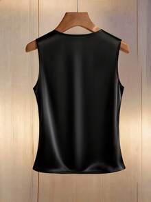 Pariaura 女士休闲优雅黑色V领无袖蕾丝镂空不规则下摆亮面上衣，夏季衬衫，适合日常穿着/教师节/商务场合/通勤/休闲度假 - 黑色 - 查看 2