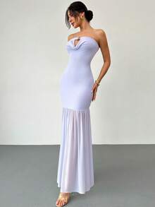 Firerie 女士新款性感浪漫浅紫色深V领弹力网纱荷叶边抹胸连衣裙，优雅适合工作、约会、婚礼季 - 淡紫色 - 查看 10