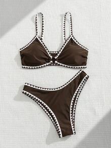 Swim Basics 夏季新款纯色可调节肩带贝壳饰边低腰三角比基尼两件套泳衣套装（女款） - 彩色 - 查看 6