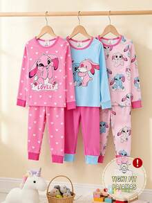 Genkimix Kids 6pcs/3sets Girls Pajamas, Cute Rabbit Print In Pink, Red, Blue, Fashionable Graphic Pattern Full Print Long Sleeve Top And Pants 3-Piece Snug Fit Sleepwear Set - Multicolor - View 3