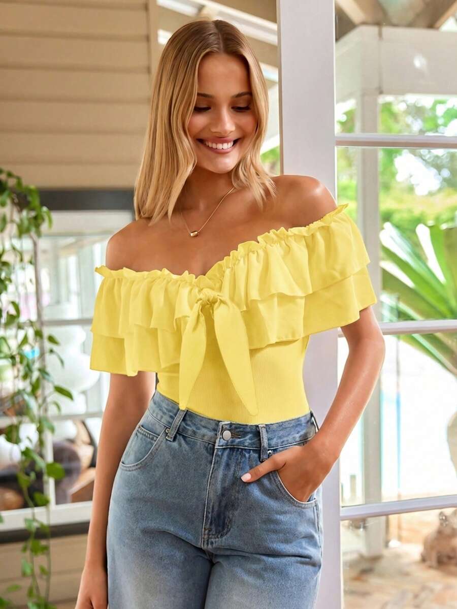 KARISMINA 女士度假纯色荷叶边露肩系带时尚上衣 - 黃色 - 查看 1