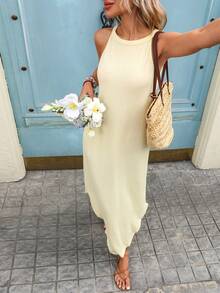 SHEIN LUNE 女士休闲纹理露背迷你连衣裙，适合夏季度假、通勤和日常穿着 - 鵝黃色 - 查看 4