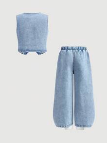 SHEIN 两件套少女浅蓝色牛仔无袖背心和宽松裤子套装 - 淺色水洗藍 - 查看 7