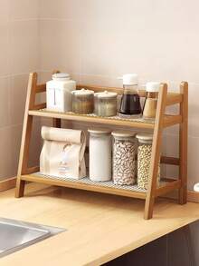 1pc-Narrow Mug Holder Countertop, Wicker-Look TeaAnd Coffee Bar Station Organizer, Bamboo MatchaStand, Cup Display Shelf, Condiment Storage Rack ForKitchen Counter Cabinet, 2 Tier - Wood Color - View 2
