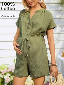 SHEIN Women's Casual Raglan Sleeve Drawstring Jumpsuit, Comfortable Cotton Maternity Pants - Army Green - View 1